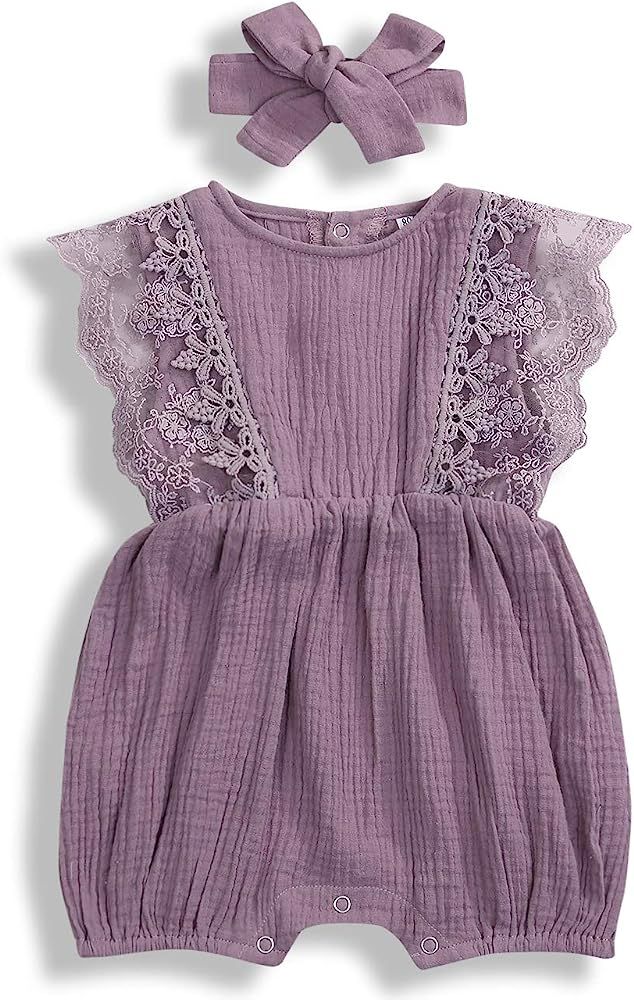 KCSLLCA Baby Girls Lace Romper Set Ruffle Sleeve Solid Color Onesie with Headband | Amazon (US)