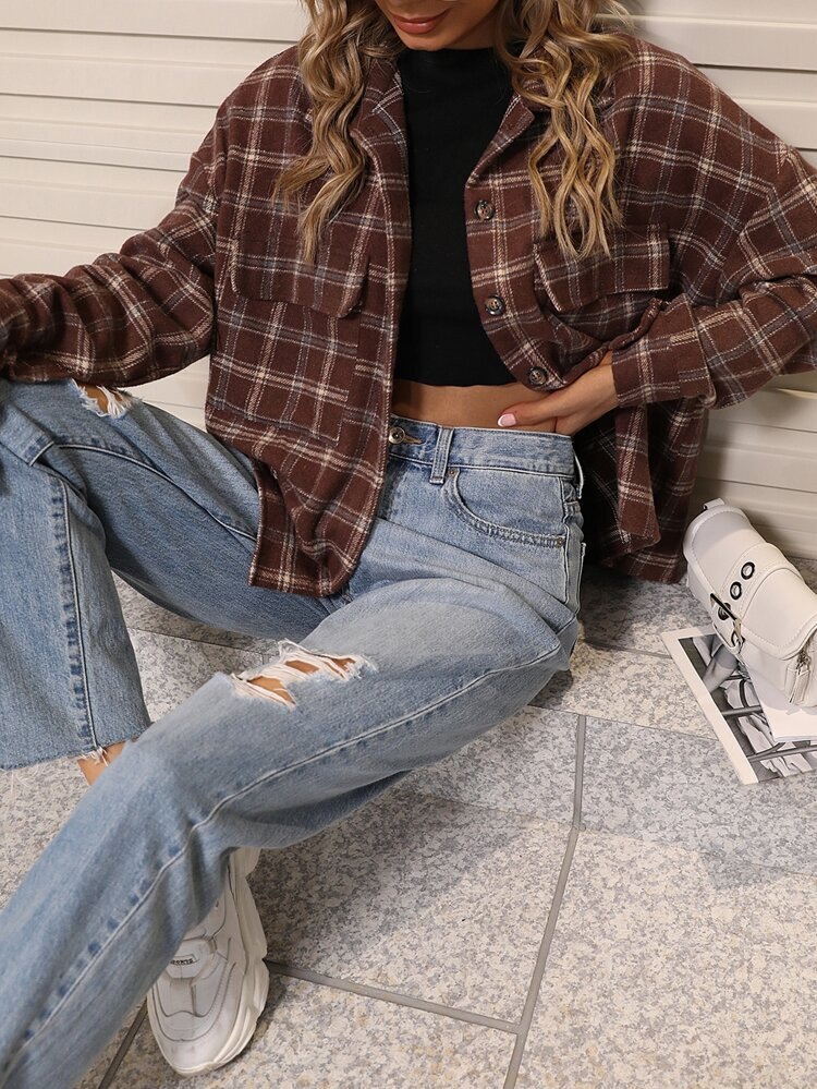 Plaid Drop Shoulder Jacket | SHEIN