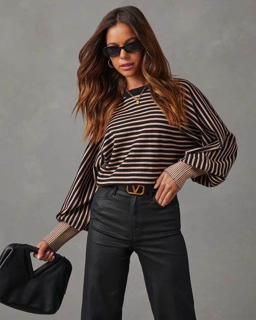 Rianne Striped Lightweight Crew Neck Sweater - Black/Taupe | VICI Collection