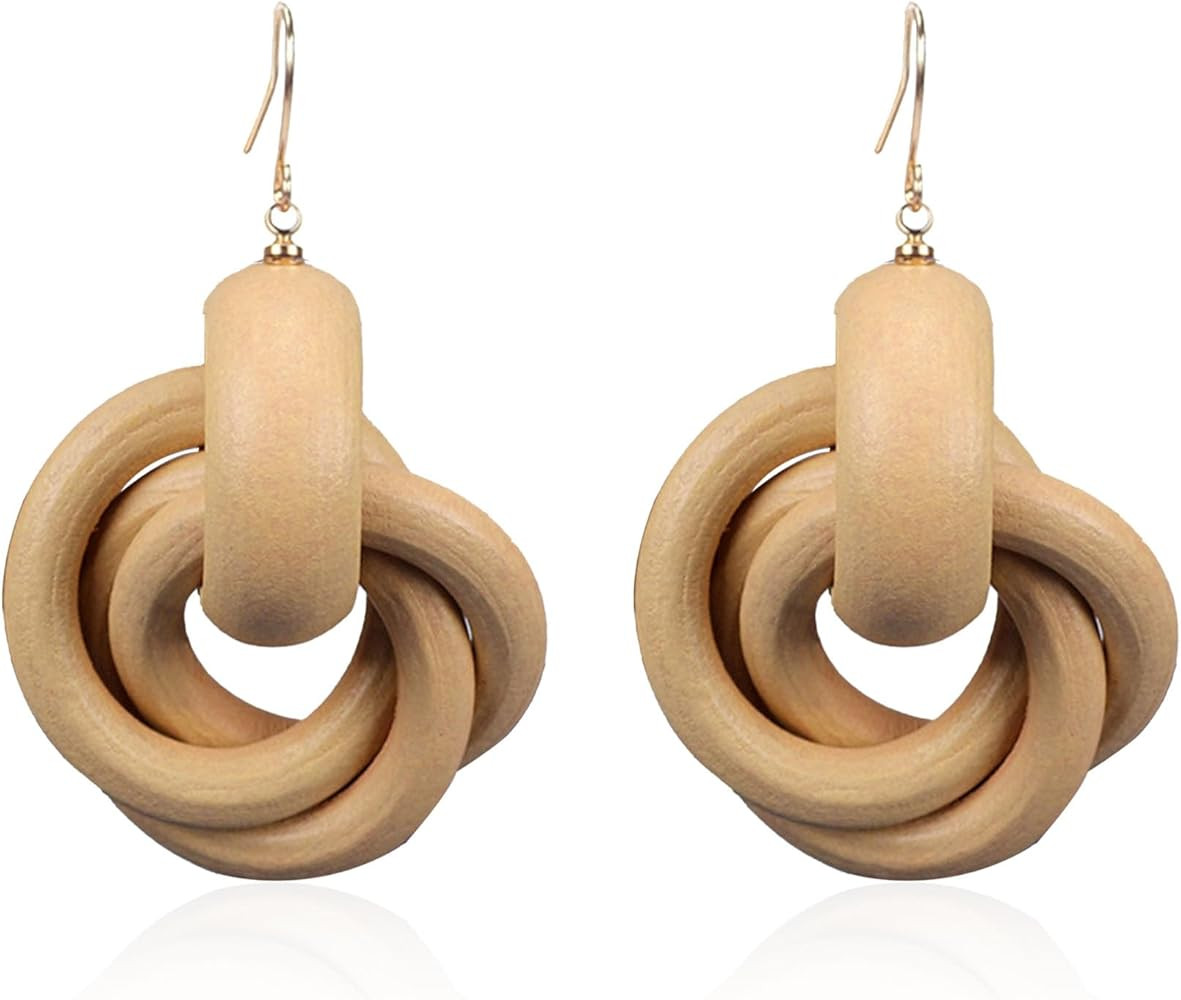 Vintage Wooden Circle Earrings for Women Big Statement Wood Twist Spiral Round Dangle Drop Earrin... | Amazon (US)