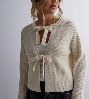 Tie Front Cropped Cardigan Sweaters for Women Crew Neck Long Sleeve Knit Bow Tie Trendy Sweater T... | Amazon (US)