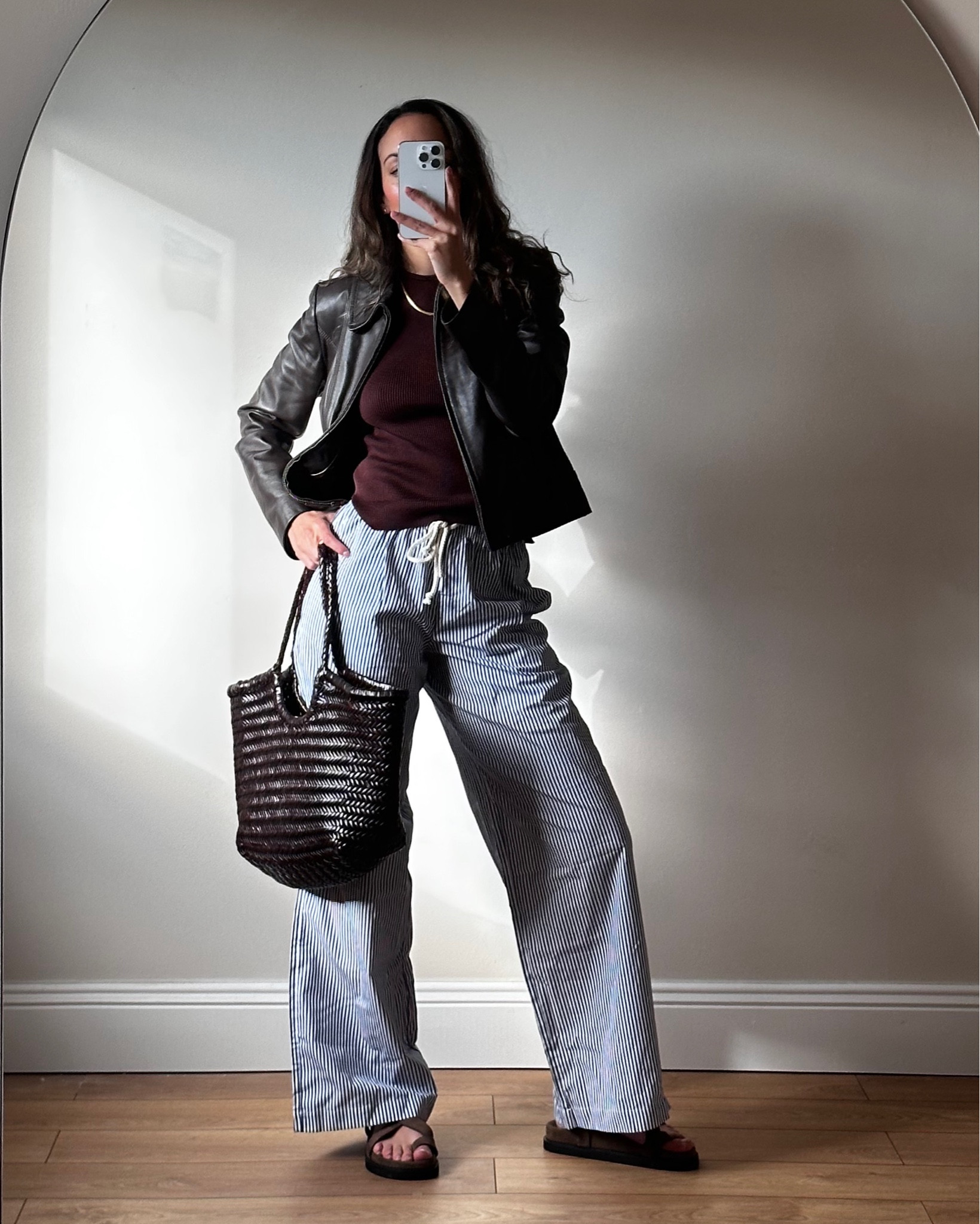 Brown leather jacket, blue stripe pants, pyjama pants, poplin trousers, dragon diffusion, brown aesthetic, everyday style inspo

#LTKstyletip #LTKeurope