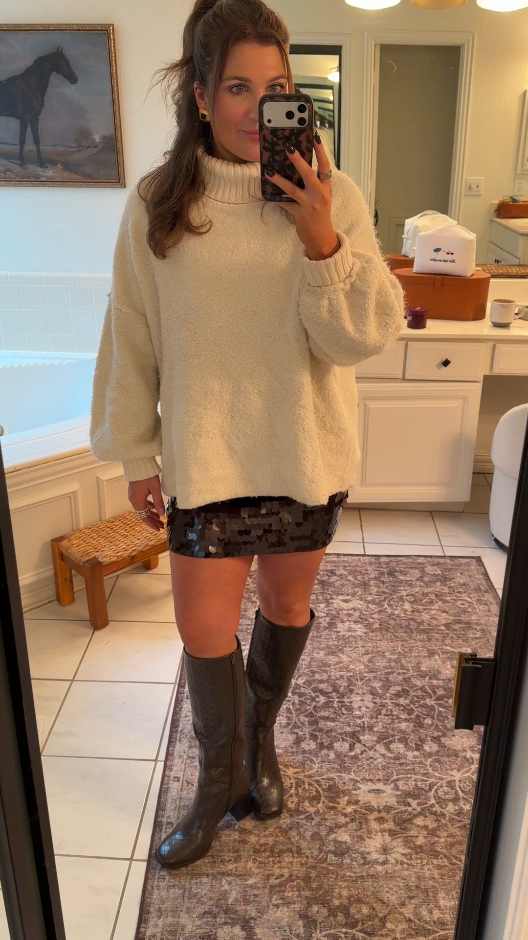 Sequin skort + turtleneck sweater and walmart boots for a holiday party! 

#LTKHoliday #LTKgrwm #LTKFindsUnder50