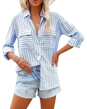 OMSJ Women's Striped Button Down Shirts Casual Long Sleeve Stylish V Neck Blouses Tops with Pocke... | Amazon (US)