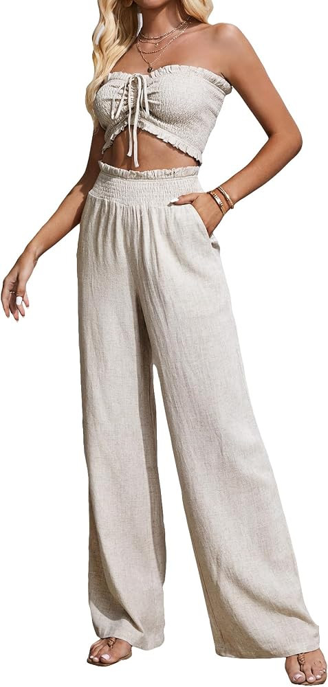 SHENHE Women's Boho 2 Piece Outfits Smocked Ruched Crop Tube Top and Wide Leg Pants Set | Amazon (US)