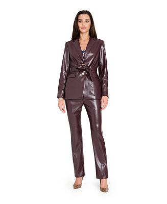 Women's Faux Leather Long Sleeve Belted Jacket and Faux Leather Mid-Rise Full Length Pants | Macy's