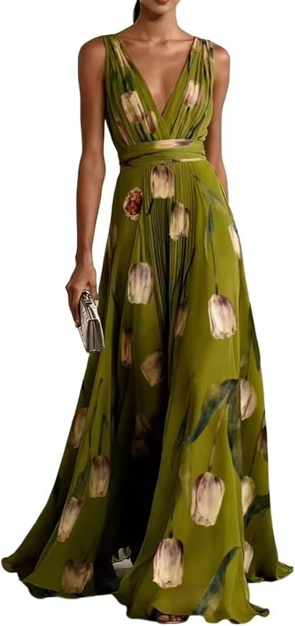 Women's Elegant Floral Sleeveless Maxi Dress Wrap V-Neck Flowy Long Dress Formal Wedding Guest Dr... | Amazon (US)