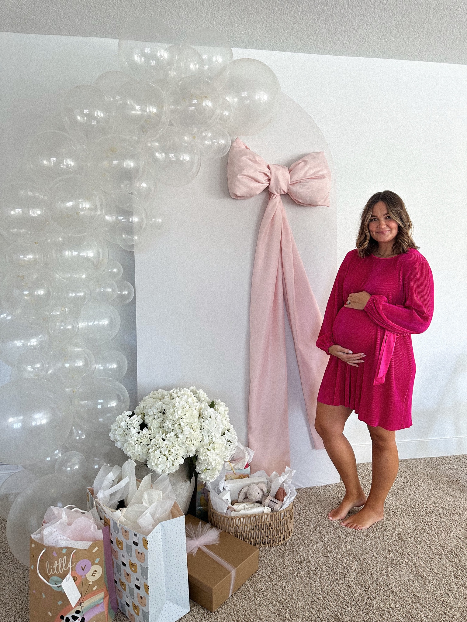 my baby shower dress | pink dress | baby shower outfit | I’m 5’9 wearing size large, M would work too but I I’m tall so needed the extra inch or two.