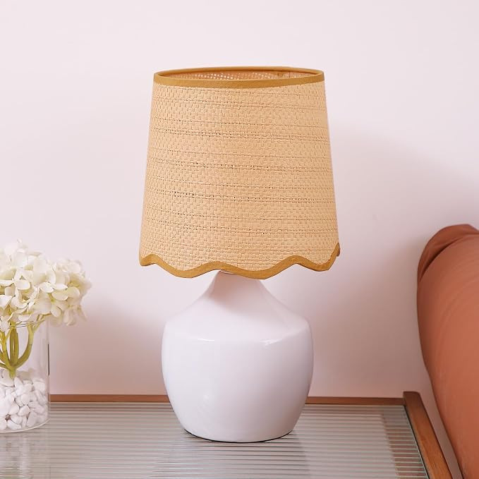 Boho Rattan Ceramic Table Lamp,Small White Ceramic Bedroom Bedside Nightstand Lamp with Rustic Wo... | Amazon (US)