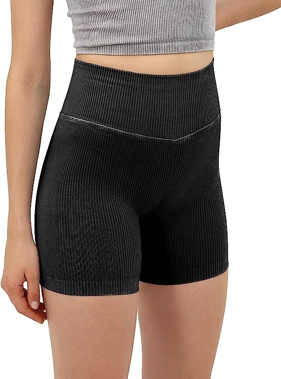 ODODOS Seamless Shorts for Women, High Waist Butt Lifting Acid Washed Ribbed Biker Shorts for Wor... | Amazon (US)