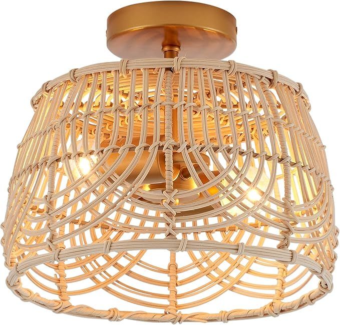 Woven Rattan Bamboo Brass Flush Mount Ceiling Light， Wicker Light Fixture for Entryway Bedroom ... | Amazon (US)