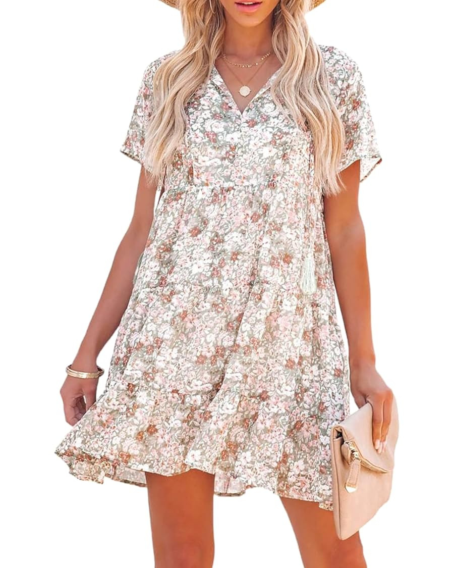 SHEWIN Women's Summer Floral Dress Casual V Neck Short Sleeve Ruffle Hem A-Line Boho Mini Dress | Amazon (US)