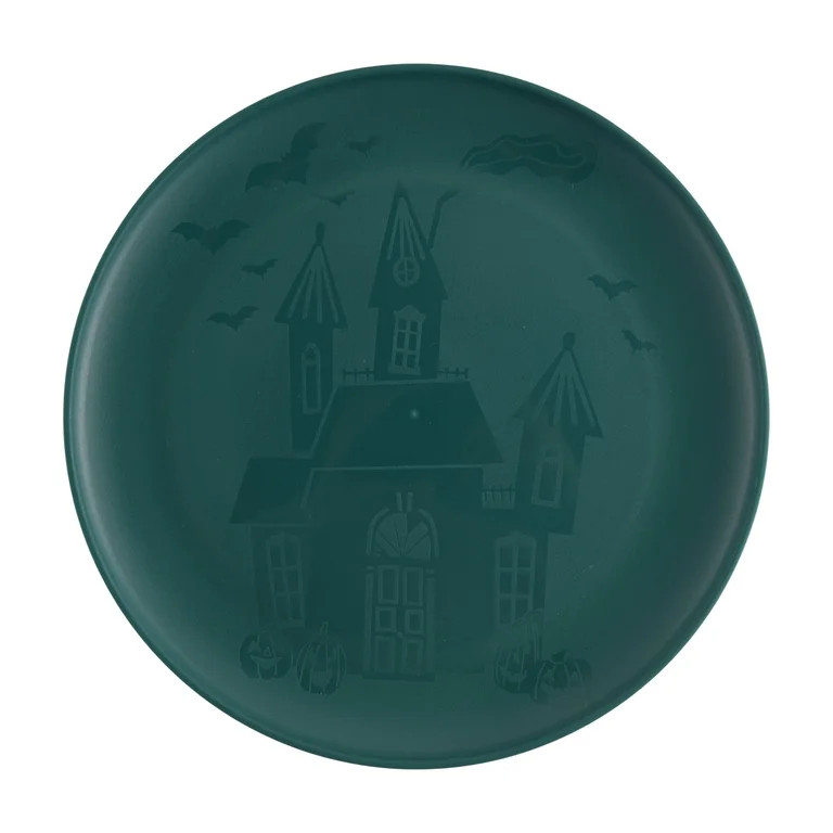 Mainstays 10.5 inch Round Plastic Etched Halloween Haunted House Plate, Teal | Walmart (US)