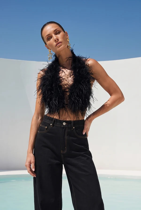 Attention is Yours Ostrich Feather Halter Top in Black | Lisa Maree LLC
