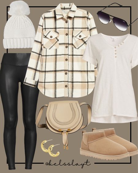 Outfit idea, plaid shacket, shirt jacket, Nordstrom, Spanx faux leather leggings, pom beanie, fall outfit, fall fashion, Chloe bag, Ugg booties, Ugg ultra mini booties, henley tee 

#LTKunder100 #LTKitbag #LTKshoecrush