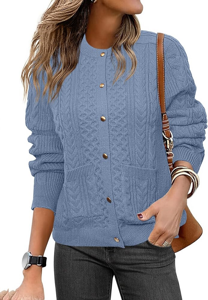 Glamaker Cable Knit Chunky Cardigan Sweater Long Sleeve Crew Neck Button Down Knit Fall Sweaters ... | Amazon (US)