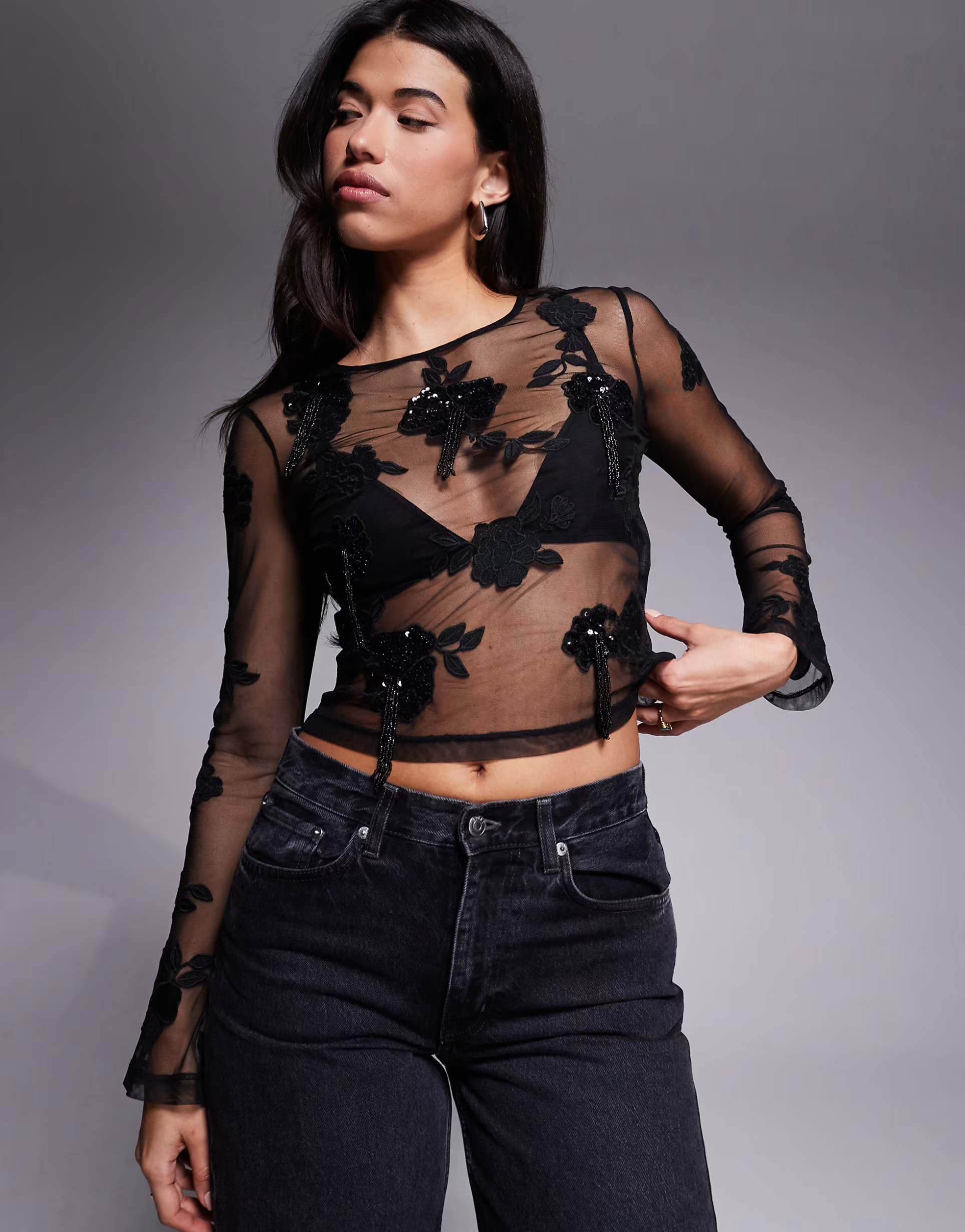 ASOS DESIGN embroidered sequin floral mesh long sleeve top with drip bead detail in black | ASOS | ASOS (Global)
