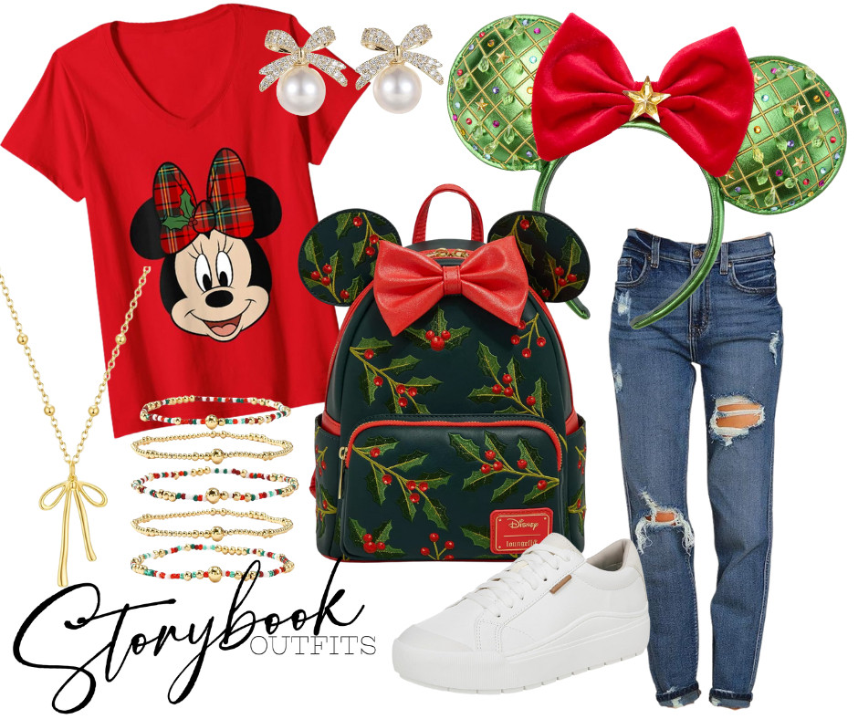 🎀 Oh what fun it is to Disney! 🎄✨
This Minnie-inspired holiday look is the perfect mix of cozy, cute, and full of Christmas cheer! ❤️💚
🎅 The plaid bow tee? So merry and bright.
🎒 The holly-covered Loungefly backpack? Total holiday magic.
🎀 Add those sparkling pearl bow earrings + green Minnie ears, and you’re ready to sleigh the season in style!
Whether you’re park hopping or sipping cocoa at home, this look is pure storybook holiday joy.  

 #LTKStyleTip 

#LTKSeasonal #LTKTravel