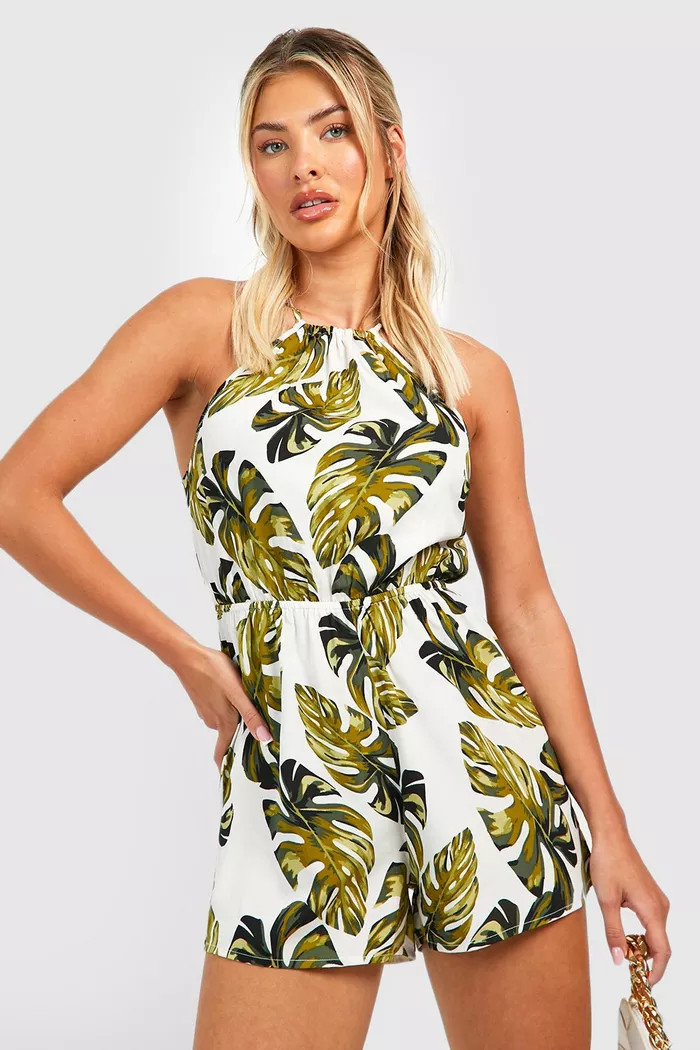 Palm Print Tie Back Romper | Boohoo.com (US & CA)