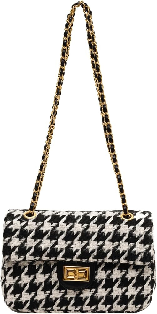 Houndstooth Chain Shoulder Cross body Bag for Women Handbag and purse Fashion Woolen Cloth Clutch | Amazon (US)