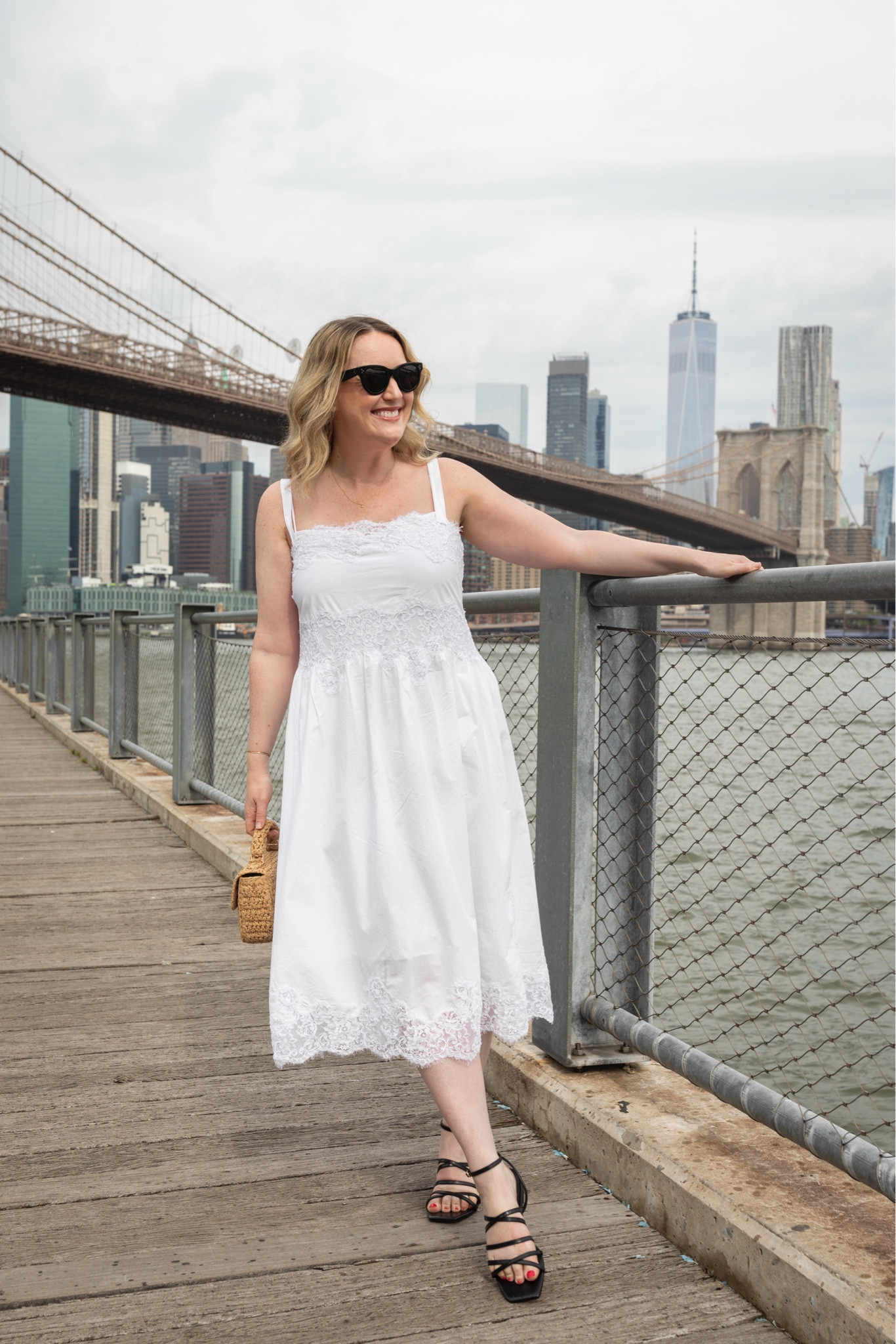 J.Crew lace and cotton midi dress (M - runs a bit big!)
Strappy sandals
Raffia bag
Summer outfit

Ad

#LTKSeasonal