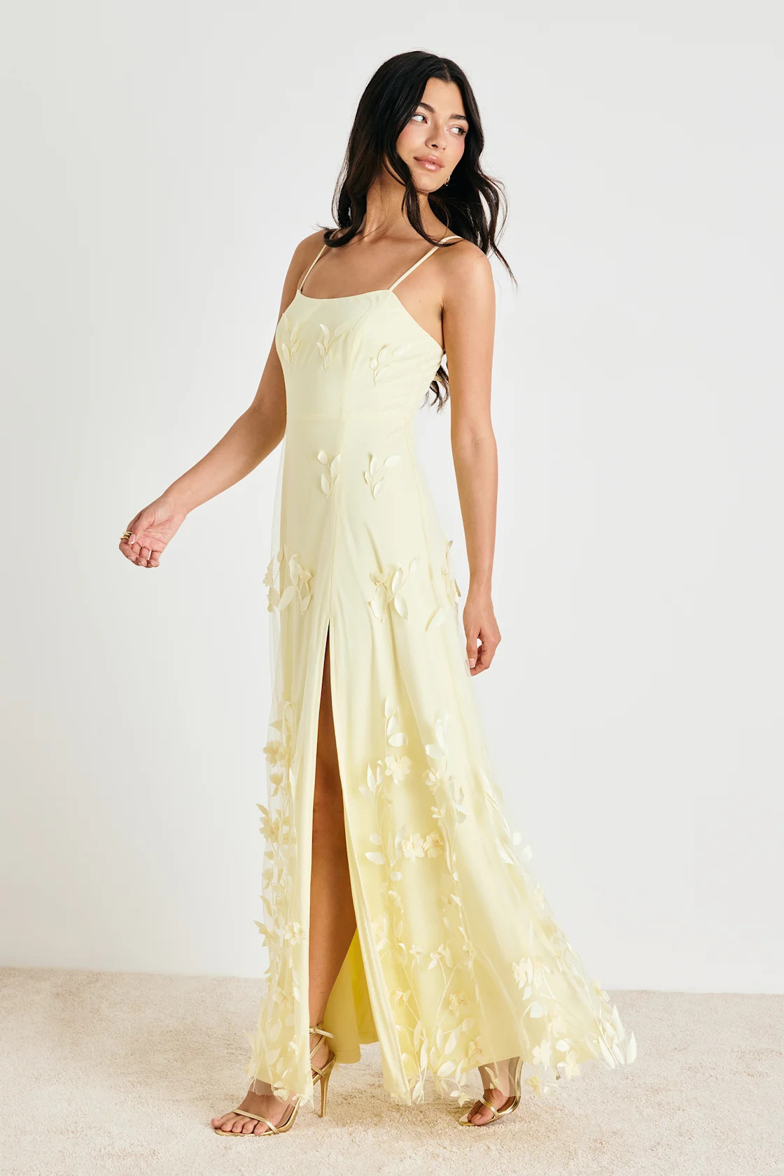 Abundant Charm Pale Yellow 3D Floral Applique Maxi Dress | Lulus