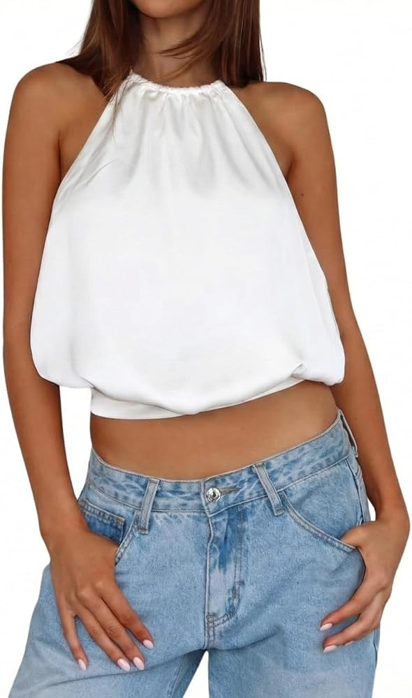 Women Satin Halter Top Backless Sexy Open Back Sleeveless Crop Y2K Summer Going Out Tops | Amazon (US)