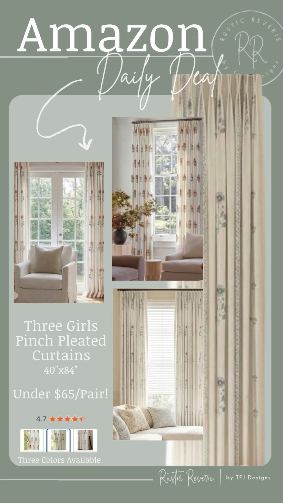 Another DAILY DEAL … These “Three Girls” Pinch Pleat Curtains are so pretty and under $65 for a pair! ❤️ romantic feminine cottagecore cottage nancy myers light airy dreamy cozy she shed amazon creator favorites prime shipping spring refresh bedroom living room linen curated collected styled home decor

#LTKHome #LTKSaleAlert