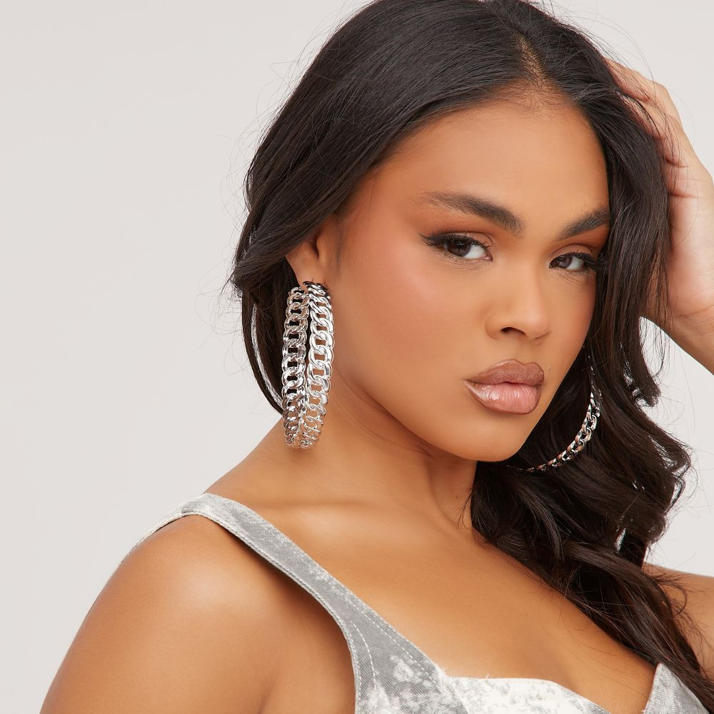 Chain Detail Oversized Hoop Earrings In Silver | EGO Shoes (US & Canada)