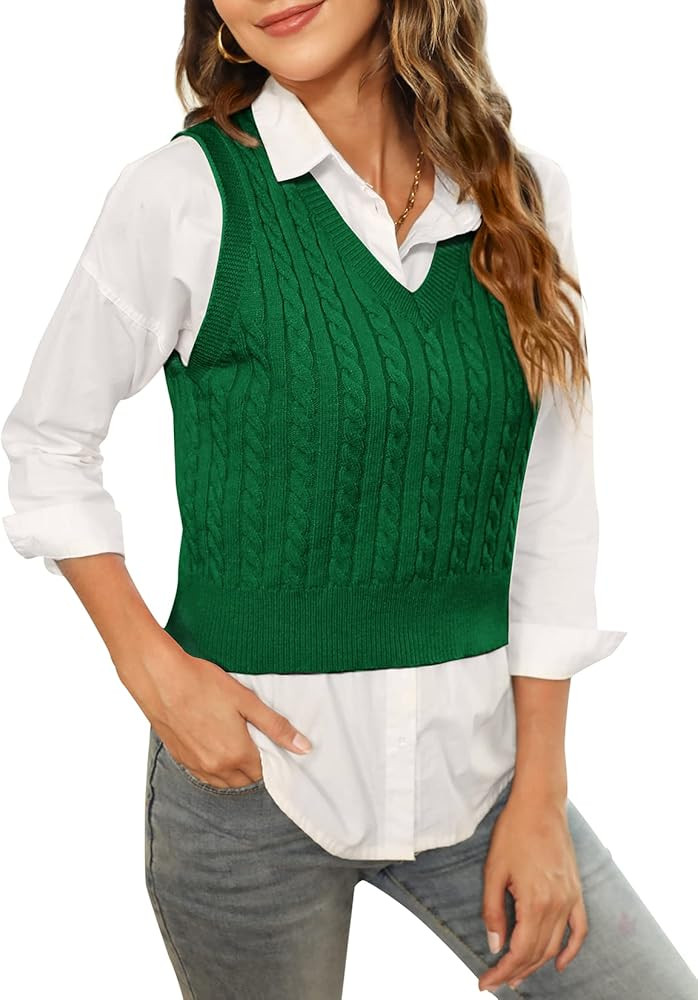 HOCOSIT Women's Knitted V-Neck Vest Argyle Plaid Preppy Style Sleeveless Pullover Crop Sweater Ve... | Amazon (US)