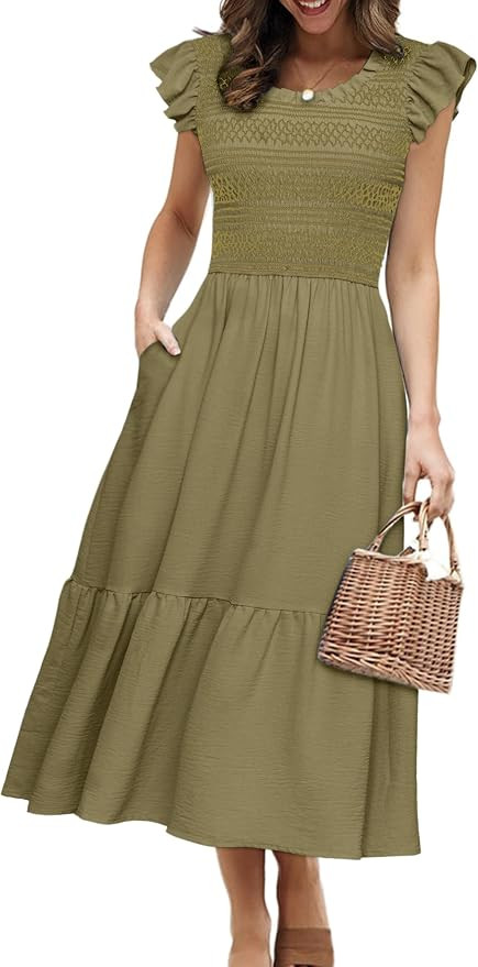 Simplee Womens Summer Midi Dress Casual Boho Smocked Waist Flutter Sleeve A Line Flowy Tiered Dre... | Amazon (US)
