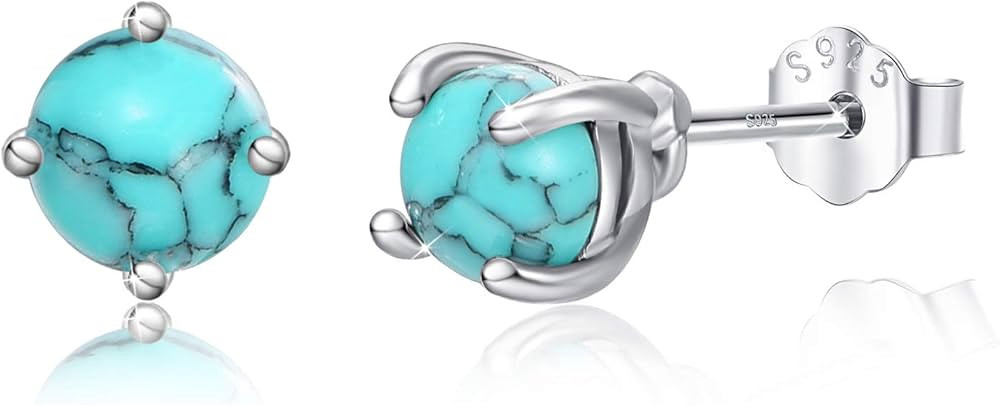 Turquoise Studs Earrings, 925 Sterling Silver Round Shape Tiny Studs, Turquoise Jewelry Mother Da... | Amazon (US)