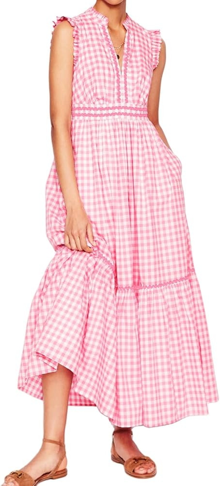 HOULENGS Women's Summer Casual Sleeveless Gingham Maxi Dress 2026 V Neck Ruffle Flowy A Line Tier... | Amazon (US)