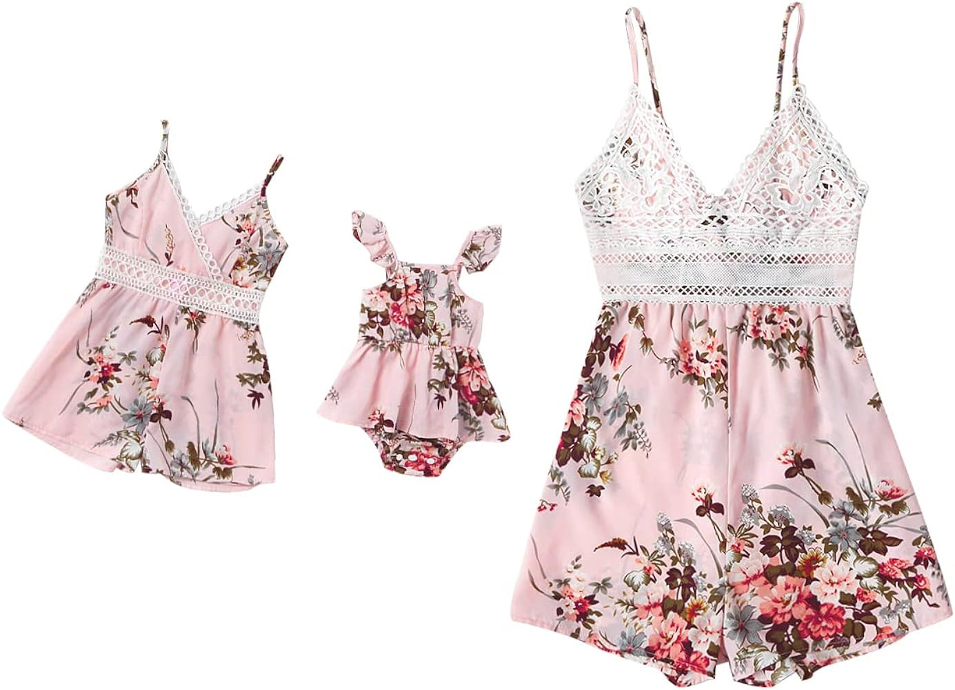 AWIBMK Mommy and Me Dresses Outfits Floral Sling Family Matching Romper V Neck Clothes Suit Set f... | Amazon (US)