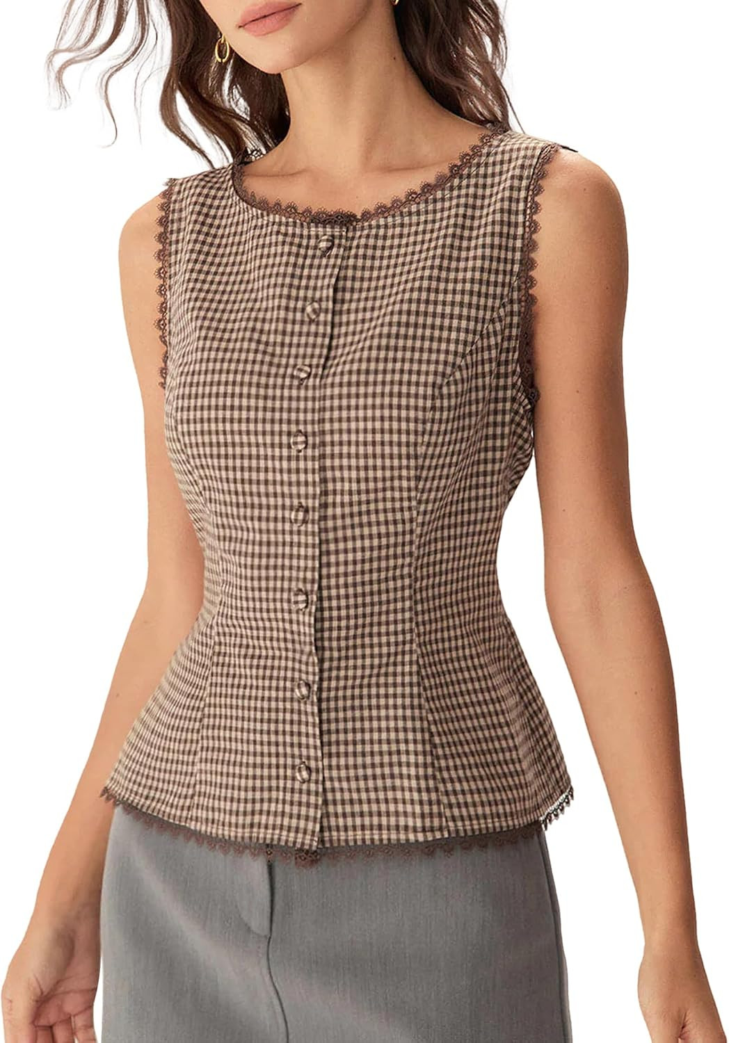 Plaid Button Tank Tops for Women Sleeveless Crew Neck Lace Trim Vest Slim Fit Cotton Spring Summer Y2k Elegant Tops | Amazon (US)