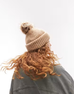 Topshop knitted fur pom pom beanie in camel - TAN | ASOS (Global)
