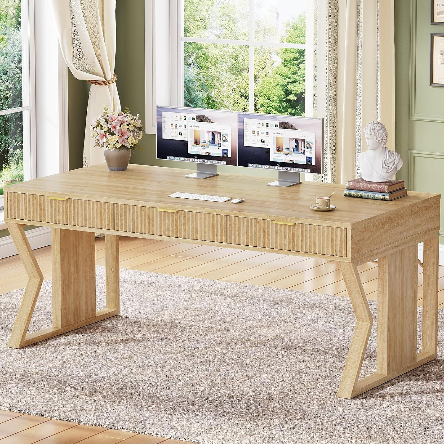 SEDETA 55" Executive Office Desk with 3 Drawers, Home Office Desk with Storage Drawers, Computer Writing Desk Study Table, Natural Oak | Amazon (US)