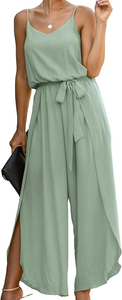 ECOWISH Womens Jumpsuit Spaghetti Strap Wide Leg Split Jumpsuits Long Overalls Summer Beach Loose... | Amazon (US)