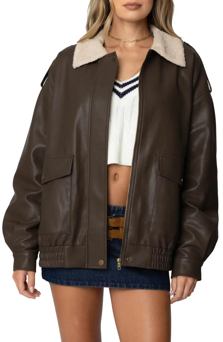 Ann Oversize Faux Leather Jacket with Faux Shearling Collar | Nordstrom