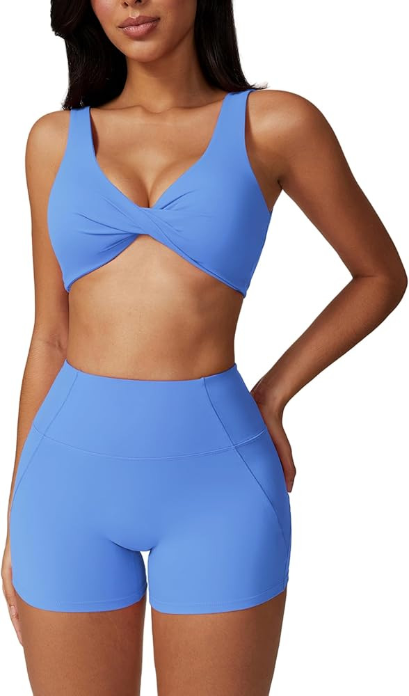 ABOCIW Workout Sets for Women Twist Front Cross Back Sports Bra High Waist Biker Shorts 2 Piece Y... | Amazon (US)