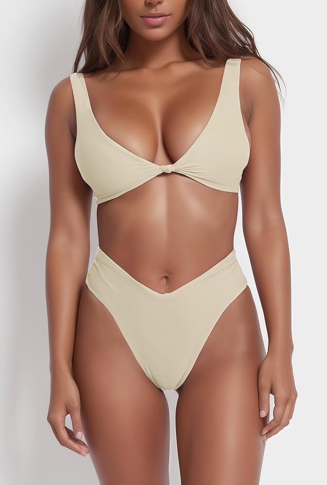 geluboao Bikini Set for Women Solid V Neck Knot Front Push Up High Leg Thong Two Piece Swimsuit | Amazon (US)