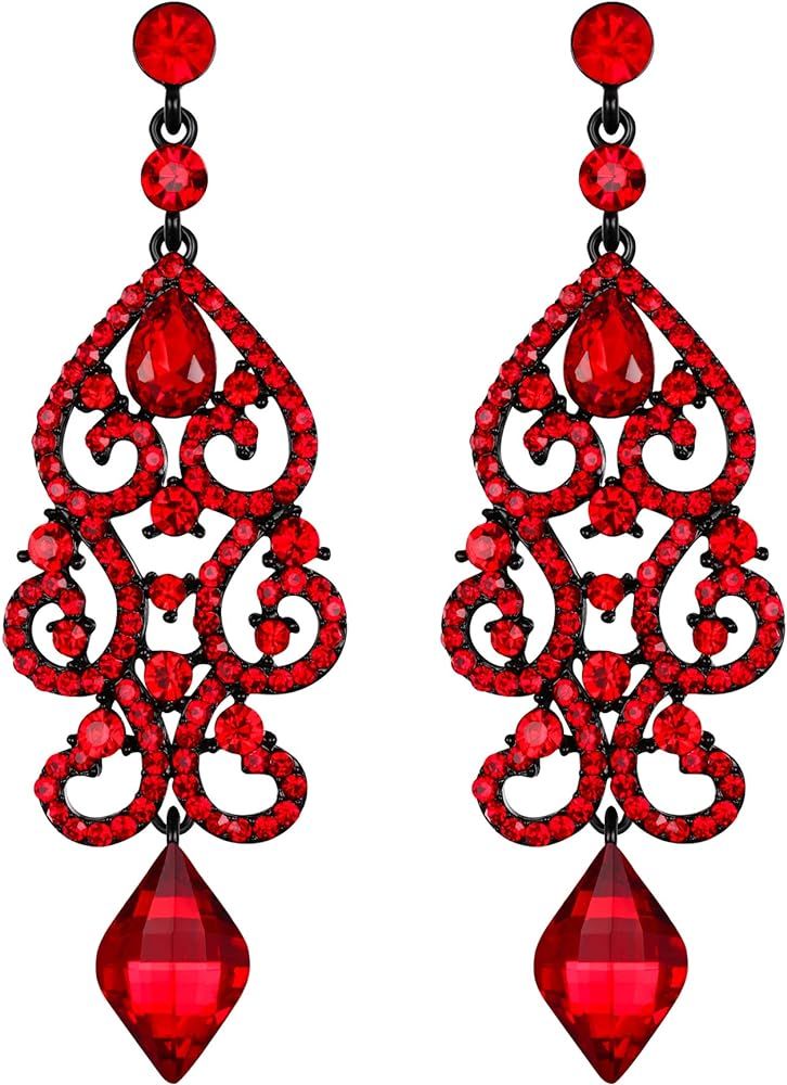 Amazon.com: Flyonce Rhinestone Crystal Wedding Art Deco Floral Chandelier Dangle Earrings for Wom... | Amazon (US)