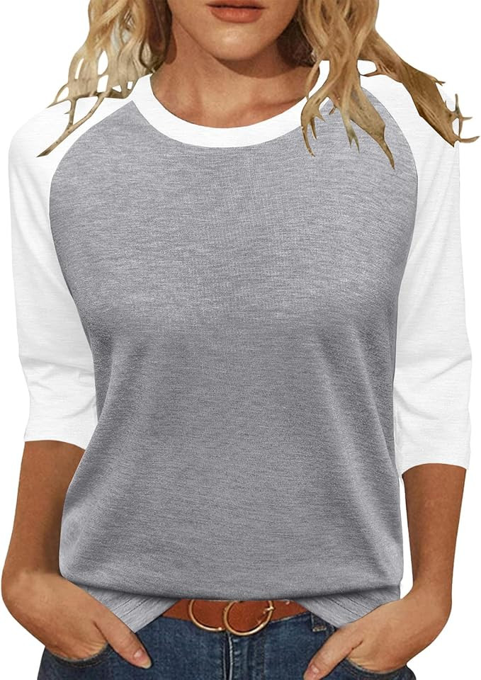Womens Tops 3/4 Sleeve Shirts Round Neck Loose Casual Tshirts Color Block Summer Tees | Amazon (US)