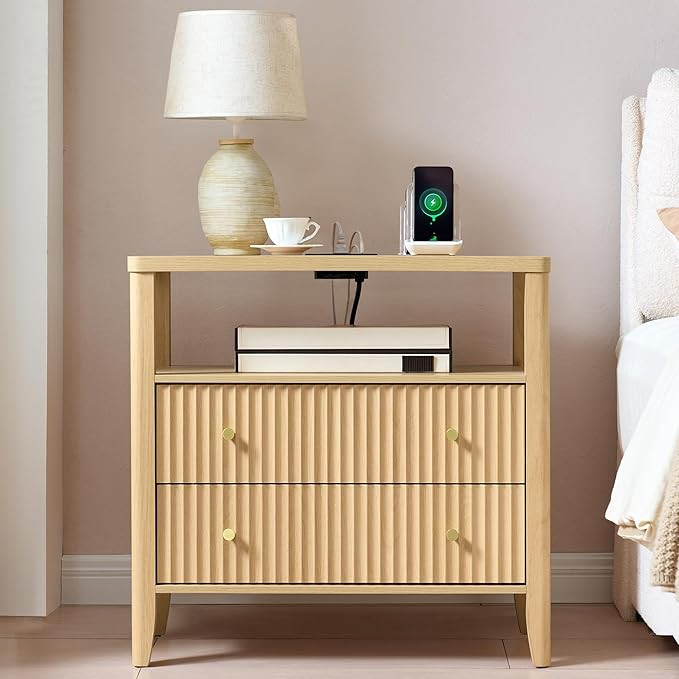 Fluted Nightstand with Charging Station, 27.3" Tall Modern Bedside Table with 2 Drawers & Open Sh... | Amazon (US)