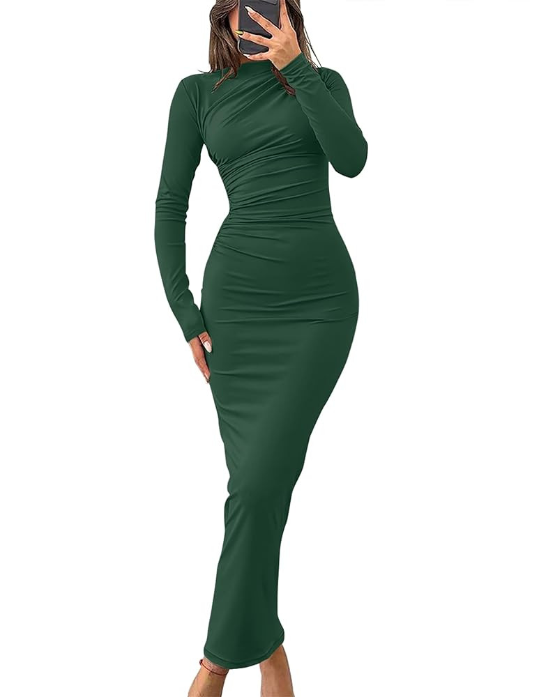 ZESICA Women's Spring Long Sleeve Bodycon Maxi Dresses Sexy Ruched Crew Neck Slim Fit Cocktail Pa... | Amazon (US)