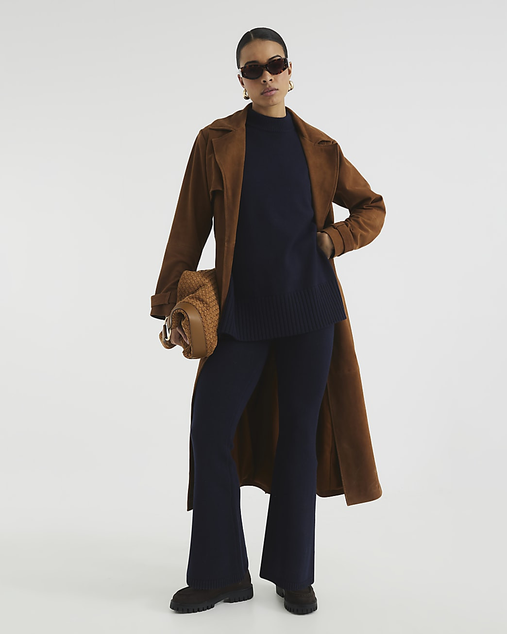 Navy Knitted Flared Trousers | River Island UK & IE