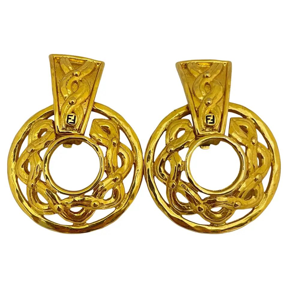 Vintage FENDI logo signed gold designer runway door knocker earrings | 1stDibs