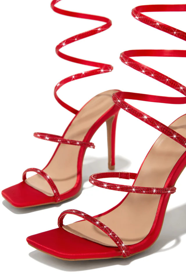 Miss Lola | Robyn Red Embellished Around The Ankle Coil Heels | MISS LOLA