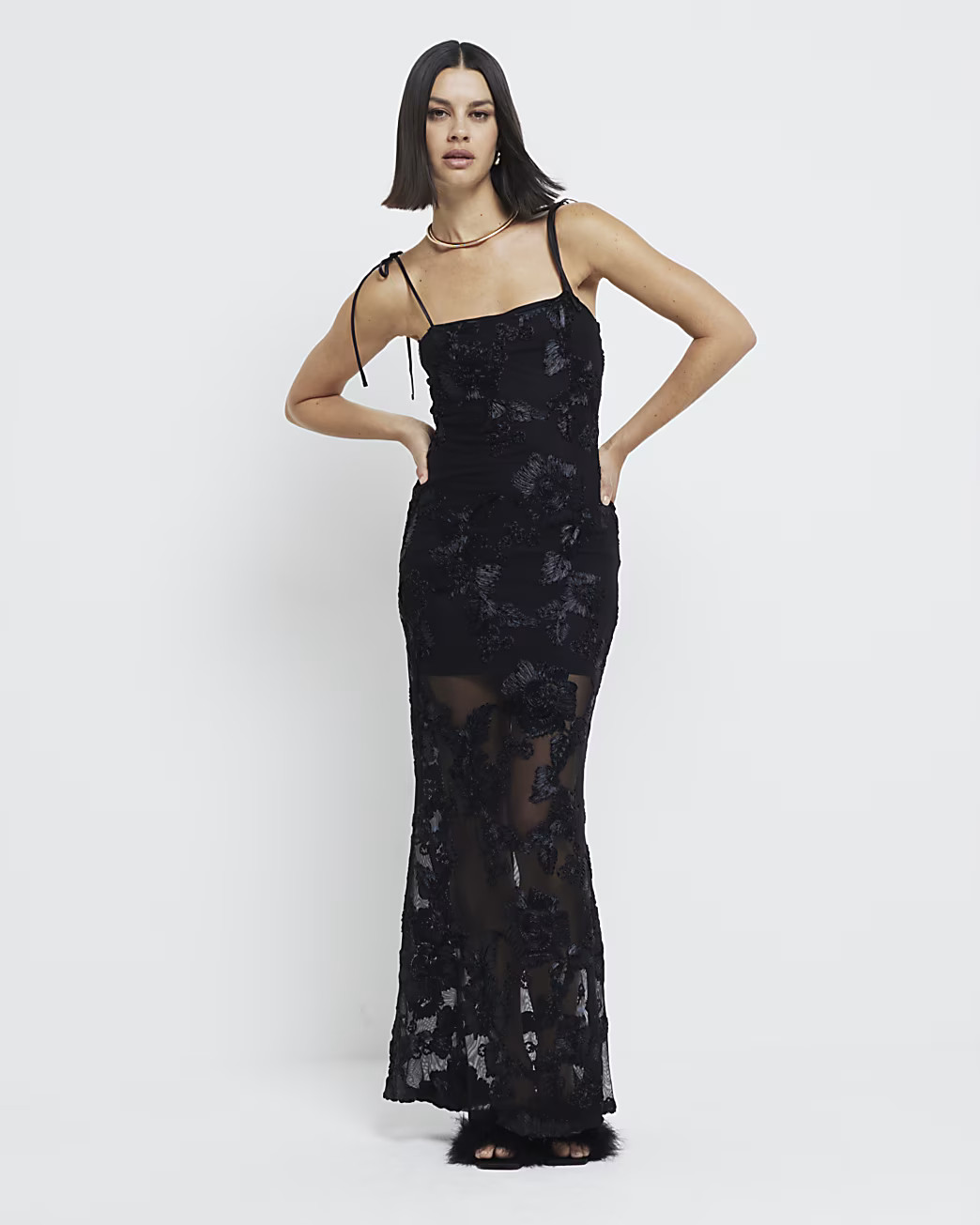 Black 3D Mesh Bodycon Midi Dress | River Island (UK & IE)