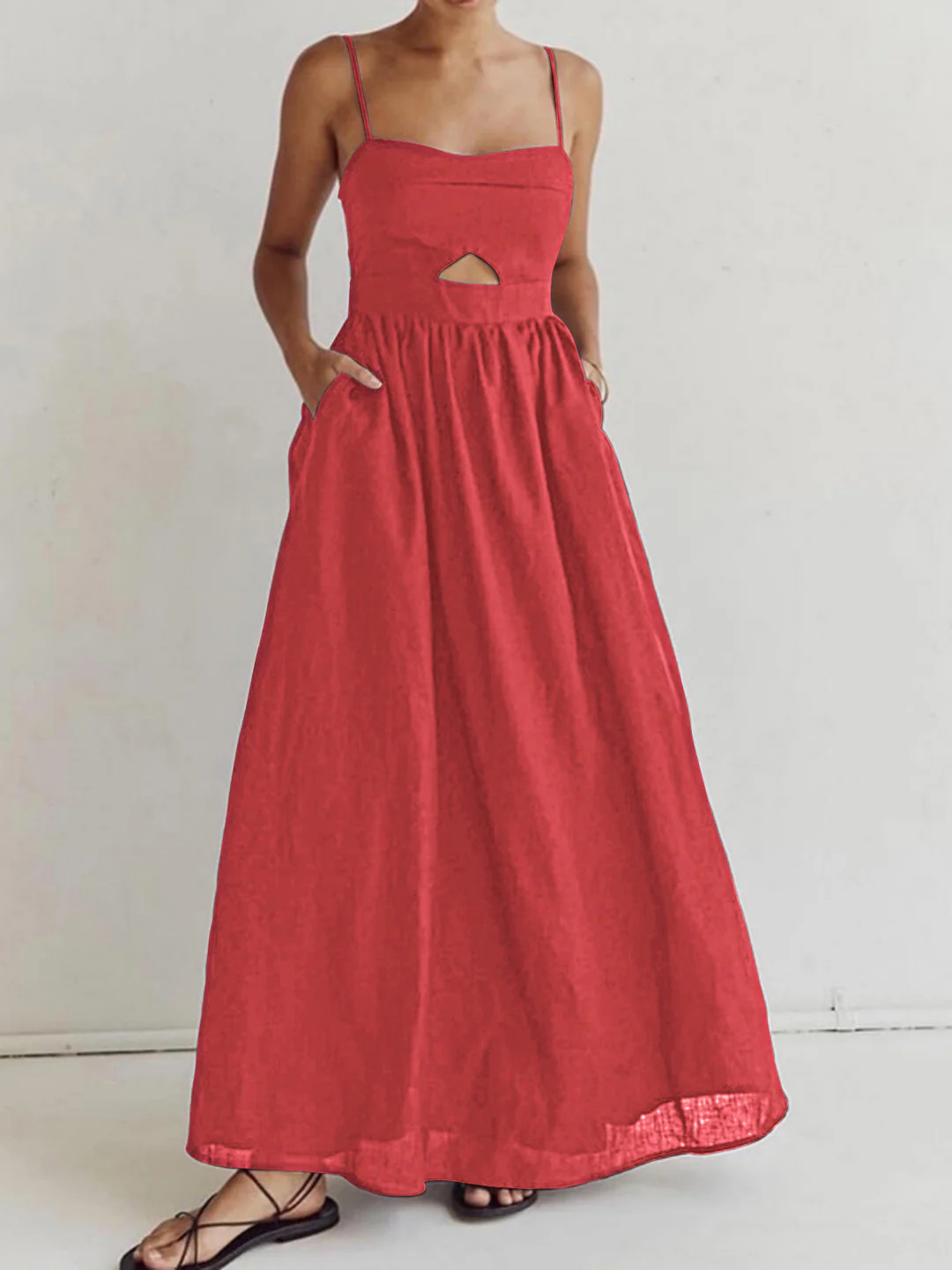 Cotton Sleeveless Pockets Cutout Long Dress | Commense